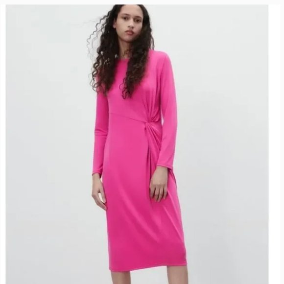 NWOT ZARA BLOGGERS FAV PINK KNOT FRONT DETAIL MIDI DRESS STRETCH MEDIUM - Picture 2 of 12